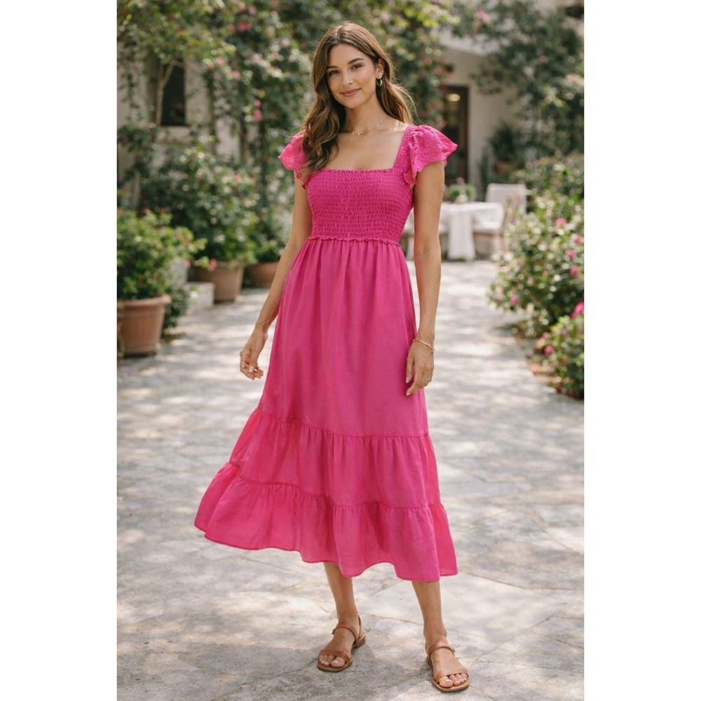 Jason Wu Boho Tiered‎ Midi Dress Pink Cotton Size Medium Flowy Feminine Spring